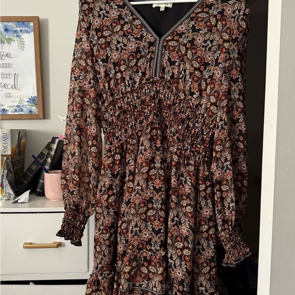 Emerald Sundae Brown Smocked Long Sleeve Sundress